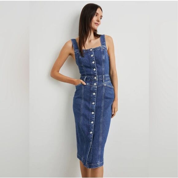 Rails Malibu Blue Button Down Fitted Sleeveless denim midi dress size L New Rails Malibu Blue Button Down Fitted Sleeveless denim midi dress size L New